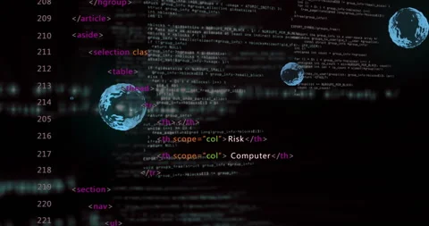 Layered HTML tags, C code snippets being visualized in dark workspace, with Stock Footage 307436504