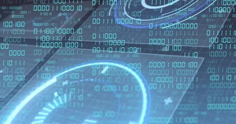 Layered HUD responding to data pulse, digits cascading, gauge pulsing, rotating Stock Footage 328583908