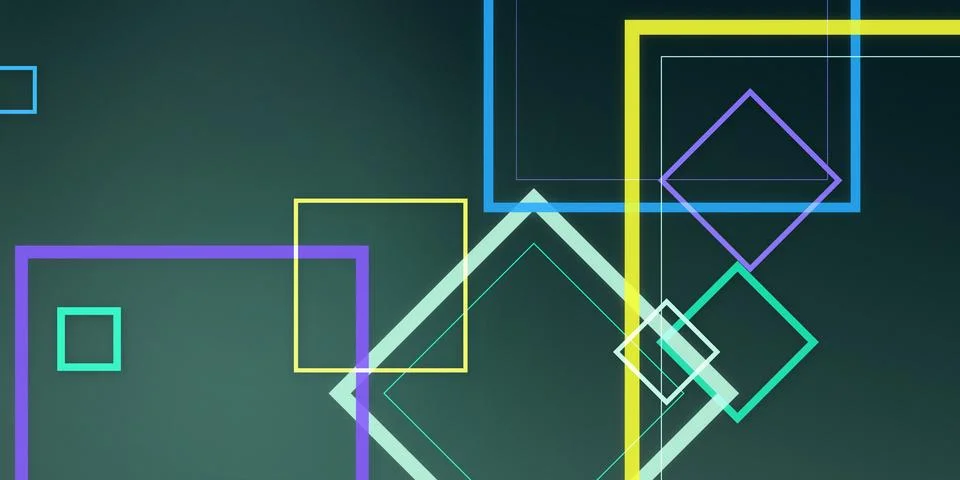 Layered luminous squares and angular outlines overlap across a dark teal su.. Stock Illustration
