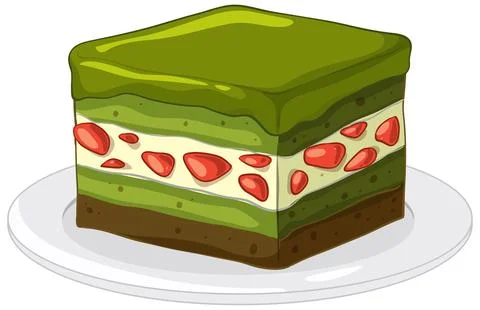 Layered Matcha Green Tea Cake with Strawberry Cream on White Plate Stock Illustration