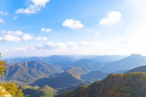 Layered Mountain Ridges and Clouds at Daedunsan, South Korea Stock Photos