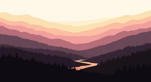 Layered Mountain Valley at Sunset with River 스톡 일러스트