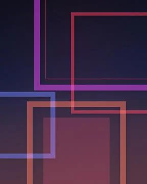 Layered neon frames and translucent geometric forms create a moody, futuris.. Stock-Illustration