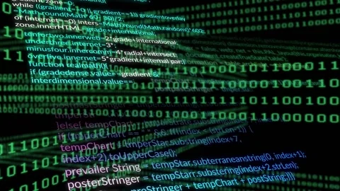 Layered neon-green binary field rippling after camera shift, blue code scrolling Stock Footage 329433673