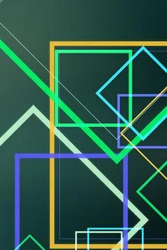 Layered neon lines and angular frames intersect across a deep green field, .. Stock-Illustration