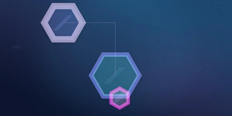 Layered neon polygonal forms connect across a deep navy gradient, creating .. Stock Illustration