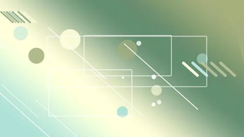 Layered outlined frames and small glowing circles drift across a mint green.. Stock Illustration