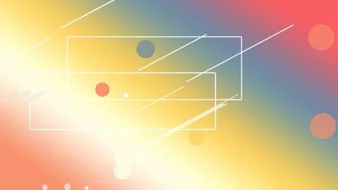 Layered outlined rectangles and circles drift over a warm rainbow gradient,.. Illustrazione stock