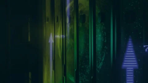Layered panels and orb responding to data feed, sending purple arrows updating Stock Footage 332772216