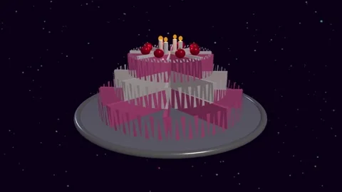 Layered pink cake with berries rotating slowly against a dark starfield bac.. Vidéo 347742653