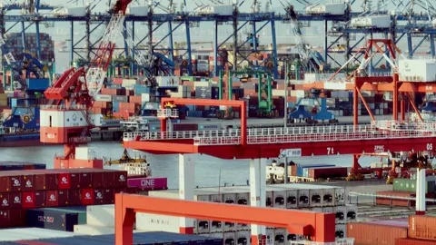 Layered red yard cranes and blue waterfront cranes at Guangzhou Port Stock Footage 346447109