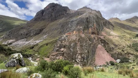 Layered Rock Formation in Mountain Valley, Huayhuash Peru Stock Footage 324528843