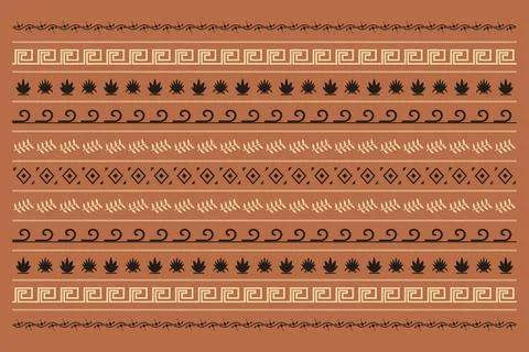 Layered rows of classical Greek keys, waves, leaves, and botanical symbols .. Stock Illustration