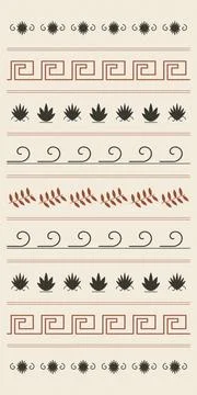 Layered rows of leaves, waves, rosettes, and geometric meanders form a bala.. Stock Illustration