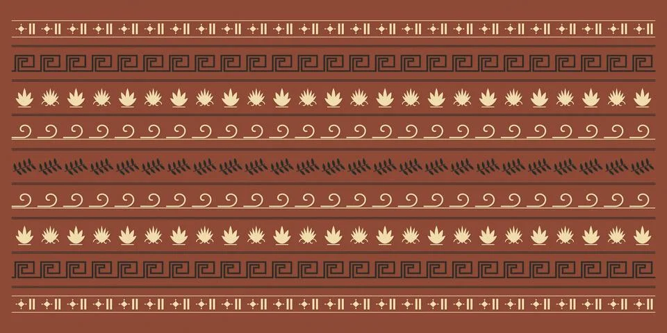 Layered rows of tiny symbols, meanders, leaves, waves and botanical forms c.. Illustrazione stock