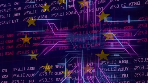 Layered scene showing red data starting scrolling, neon circuits forming hub, Stock Footage 334788883