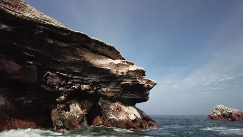 Layered sedimentary cliffs and nesting seabirds Ballestas Islands Peru 库存影片 348781238