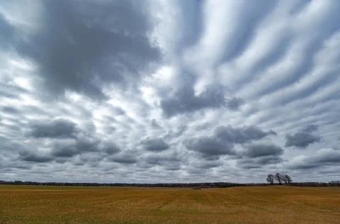Layered spring clouds over the fields, three trees on the mountain Stock Photos