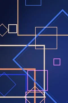 Layered squares, rectangles, and diagonal lines glow in blue, peach, pink, .. Illustration