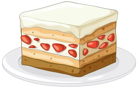 Layered Strawberry Cream Cake Slice on a White Plate Vector Illustration Stock Illustration