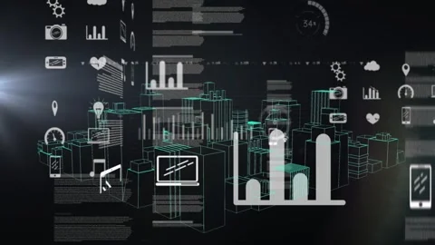 Layered teal wireframe city data viz opening from left lens flare, spawning Stock Footage 329835695