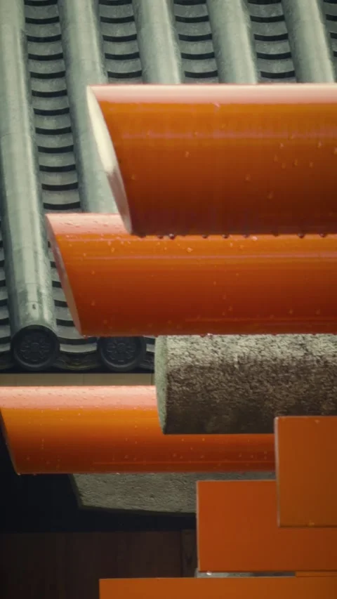 Layered torii gates with raindrops and Japanese roof Stock Footage 346062220