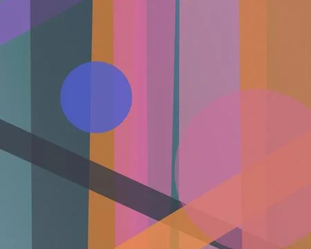 Layered translucent rectangles, circles, and diagonal ribbons form a bold m.. Illustrazione stock