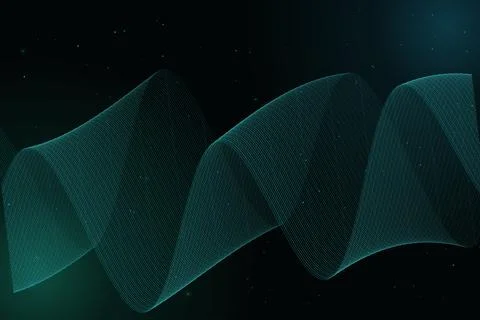 Layered turquoise waveforms sweep across a black space-like background, cre.. Illustrazione stock