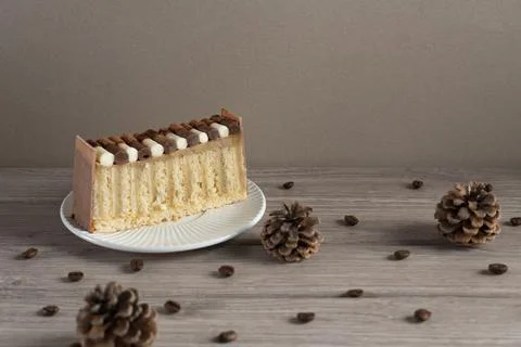 Layered Vanilla Cake Slice with Pinecones and Coffee Beans Stock-Fotos