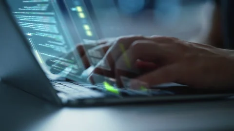 Layered VFX Digitalization Visualization of Typing on Laptop Stock Footage 243262877