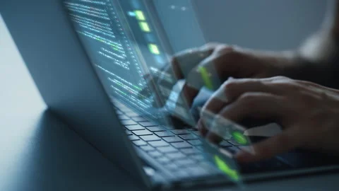 Layered VFX Digitalization Visualization of Typing on Laptop Stock Footage 243262914