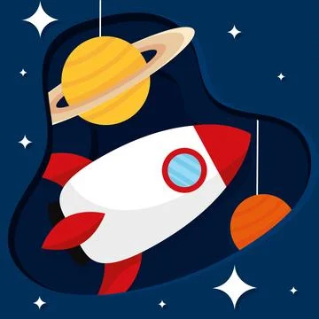 Layered view of outer space with rocket and planets Vector Stock Illustration