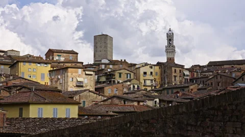 Layered View of Rooftops and Towers Against a Cloudy Sky Vídeo Stock 255710162