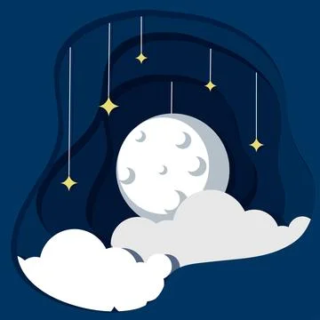 Layered view of the sky at night with clouds and a moon Paper art style Vector Illustrazione stock