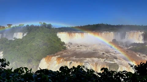 Layered Waterfalls and a Bright Rainbow Across Brazil’s Iguazu Falls Stock Footage 342275201