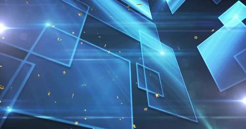 Layering blue panels making 3D depth across navy, glowing cyan edges, light 스톡 일러스트