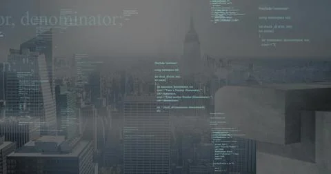 Layering city skyline with code overlay from rooftop, concrete parapet visible 库存照片