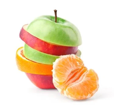 Layers of apples and oranges with slice of tangerine Stock Photos