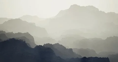 Layers of mountain ranges create a serene view during sunrise Stock Illustration