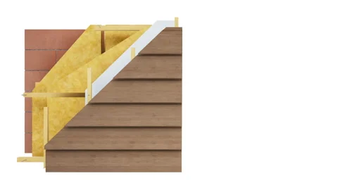 Layers of wall: bricks, mineral wool, wood structure, wooden siding or panels. 動画素材 112925798