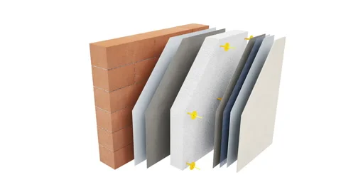 Layers of wall: bricks or blocks, primer, glue, foam, plaster mesh and coat. 動画素材 112475086