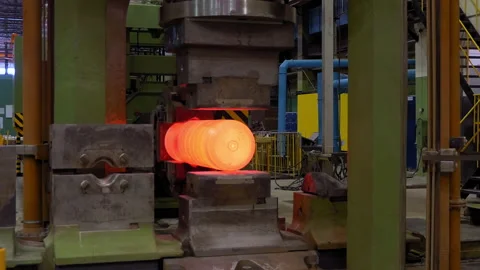 Layin forging metal hot pipe under press,pressing of billet at mechanical plant. Stock Footage 160630879