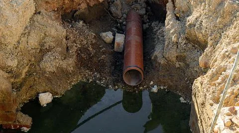 Laying communications infrastructure during construction in rocky soil with.. Stock Photos