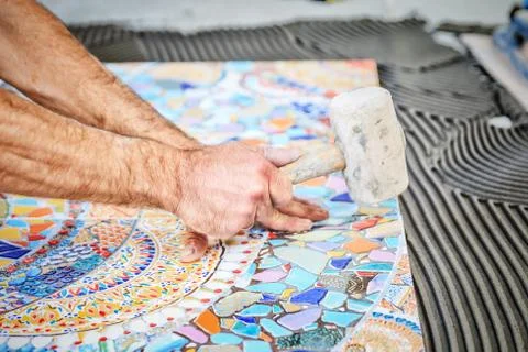 Laying floor ceramic tile Stock Photos