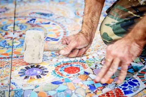 Laying floor ceramic tile Stock Photos