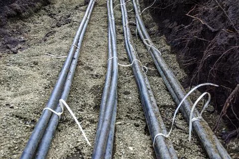 Laying of four cable lines connected with ties by three cables into a trench  Stock Photos