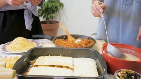 Laying layers of lasagna Stock Footage 255240163
