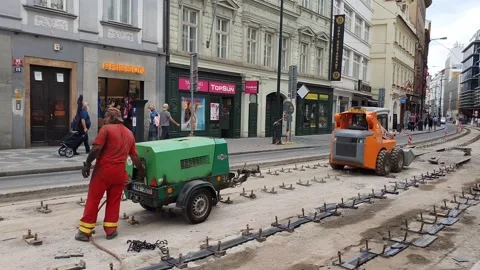 Laying a new tramway track in the old town. Stock Footage 167069628