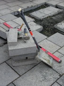Laying Paving Stones Tools Stock Photos