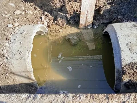 Laying sewer pipes Foto stock